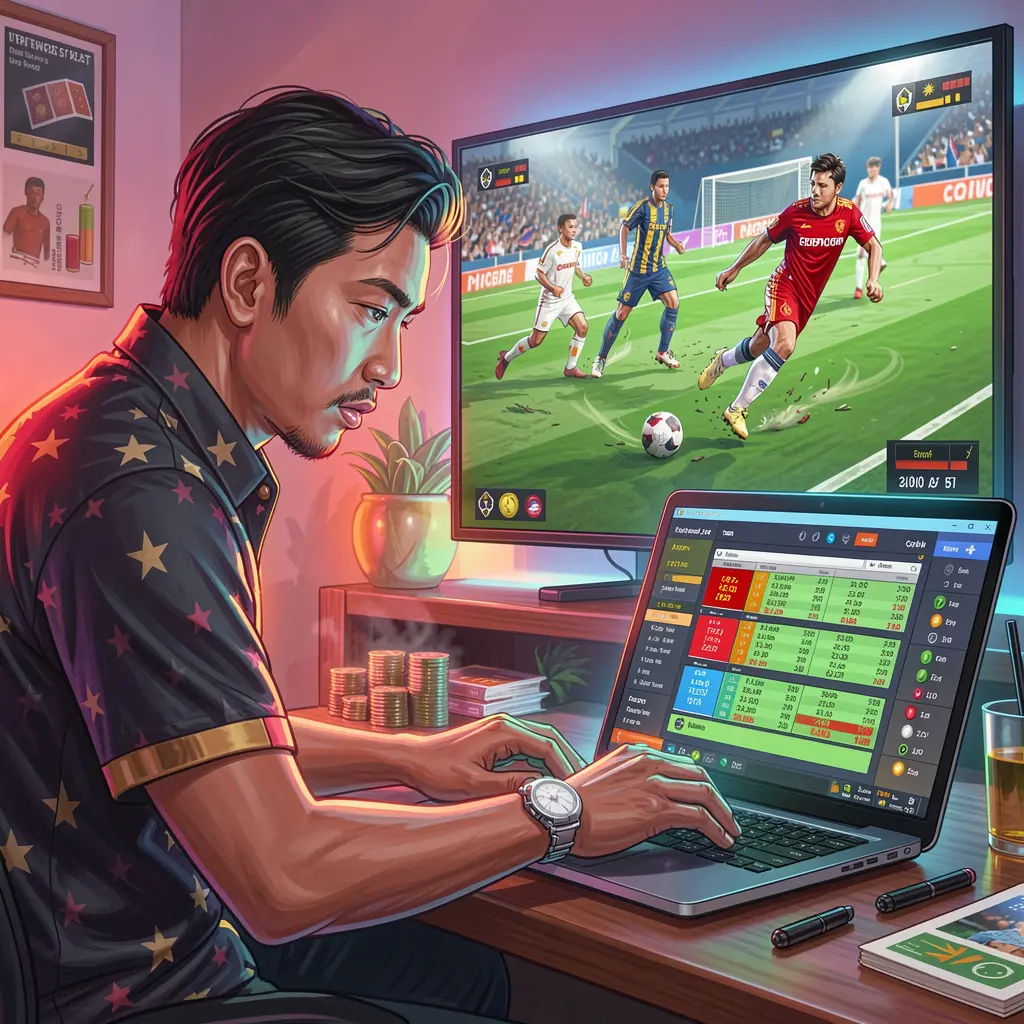 Focused Malaysian sports bettor analyzing live football odds on a laptop while watching a match on TV using the RM1000 betting platform