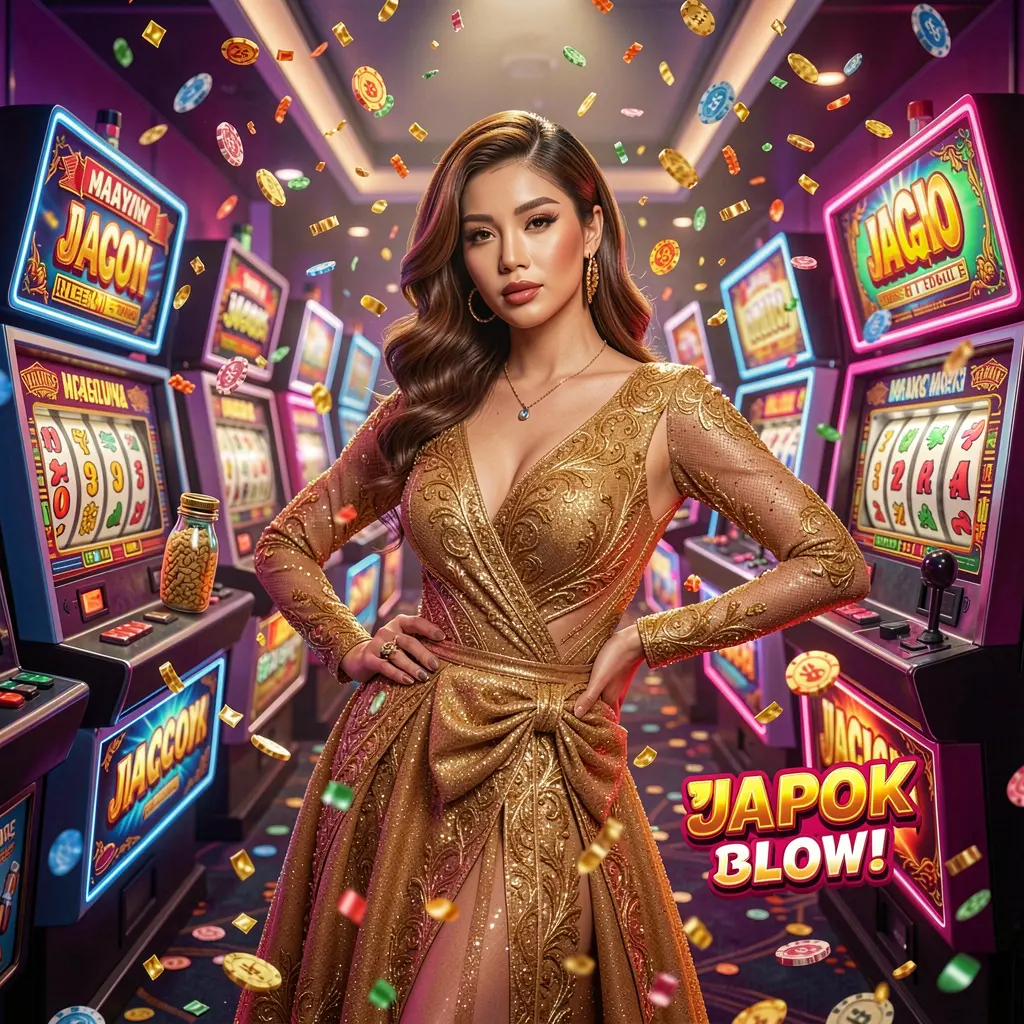 Confident woman in a golden dress standing among luxury slot machines symbolizing high value slot gaming and premium casino rewards at RM1000 Malaysia